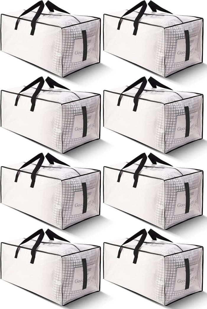 HOMESURE 8 Pack Large Strong Moving Bags with Zippers & Carrying Handles - Water-Resistant - Heavy Duty Storage Tote for Space Saving, Fold Flat, Alternative to Moving Box (Semi-Transparent)
