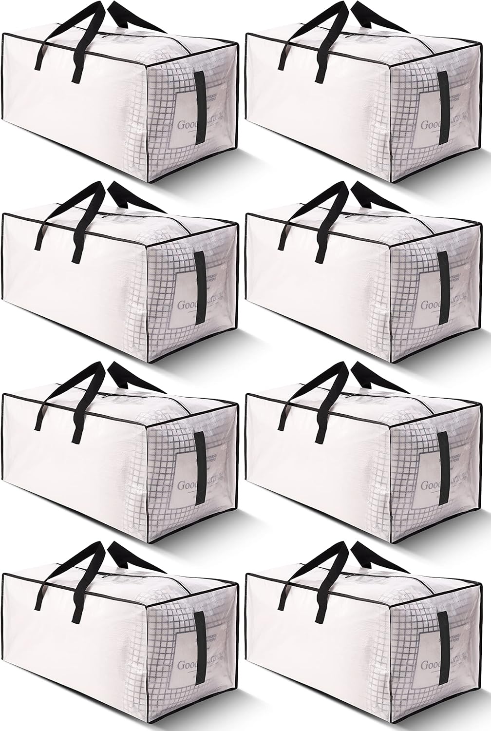 HOMESURE 8 Pack Large Strong Moving Bags with Zippers & Carrying Handles - Water-Resistant - Heavy Duty Storage Tote for Space Saving, Fold Flat, Alternative to Moving Box (Semi-Transparent)