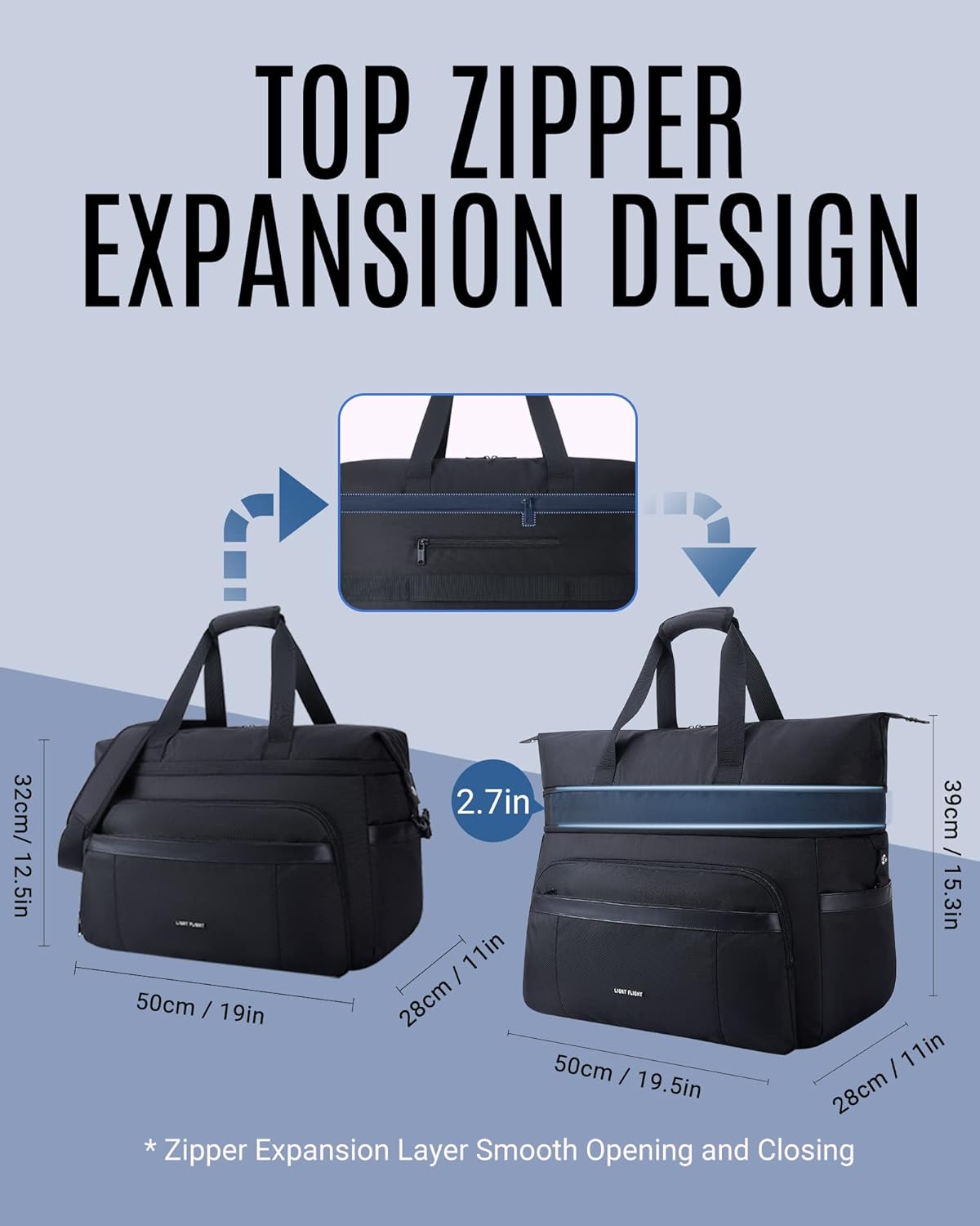 Duffle Bag for Travel, LIGHT FLIGHT 55L Expandable Travel Duffel Bags with Shoe Compartment,Carry On Weekender Overnight Bags for Men,Black - Image 2