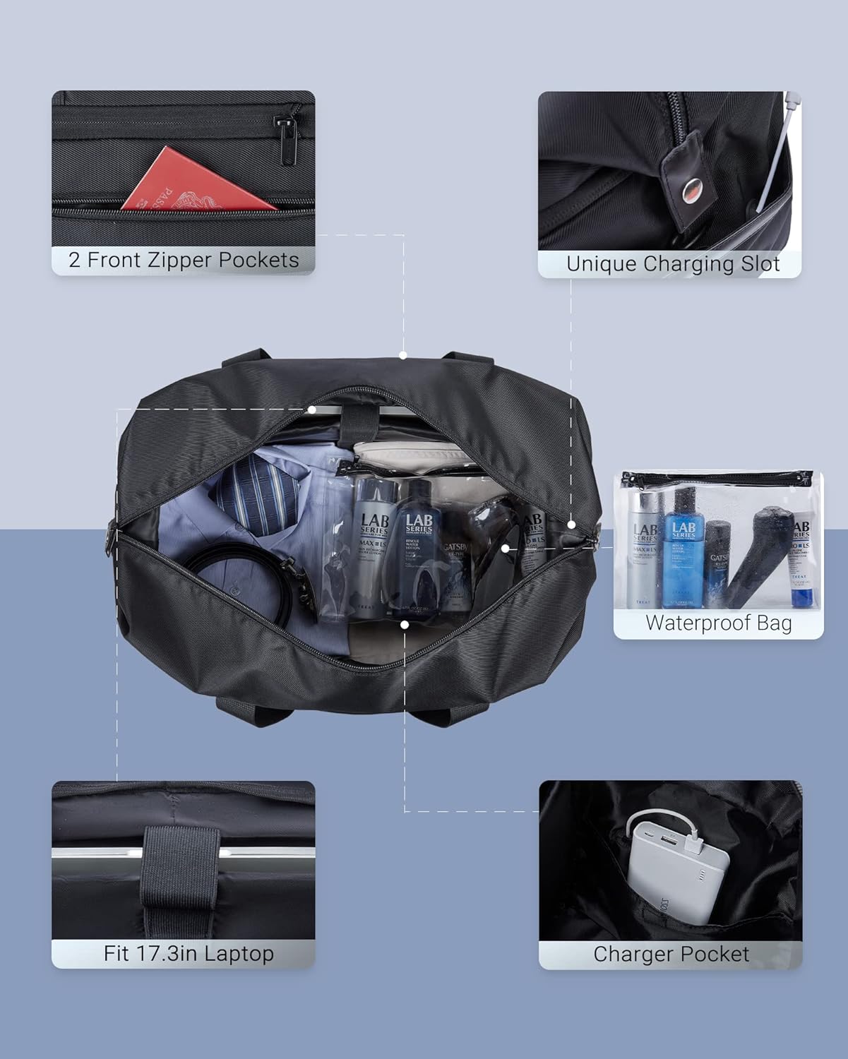 Duffle Bag for Travel, LIGHT FLIGHT 55L Expandable Travel Duffel Bags with Shoe Compartment,Carry On Weekender Overnight Bags for Men,Black - Image 3