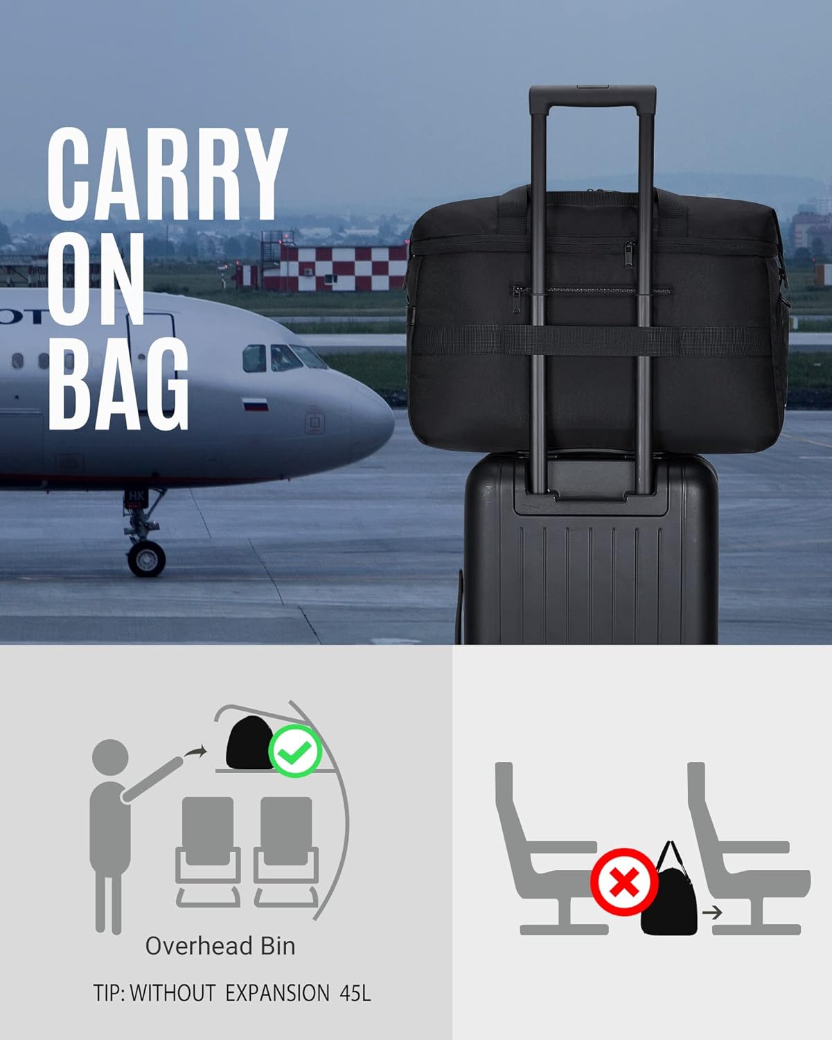 Duffle Bag for Travel, LIGHT FLIGHT 55L Expandable Travel Duffel Bags with Shoe Compartment,Carry On Weekender Overnight Bags for Men,Black - Image 6