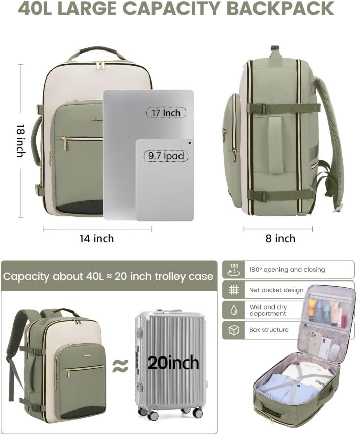 40L Travel Backpack for Women & Men, Large Carry on Backpack for Airplanes with 3 Packing Cubes, TSA Personal Item Travel Bag fits 17" Laptop, Waterproof Travel Essentials Airline Approved - Image 5