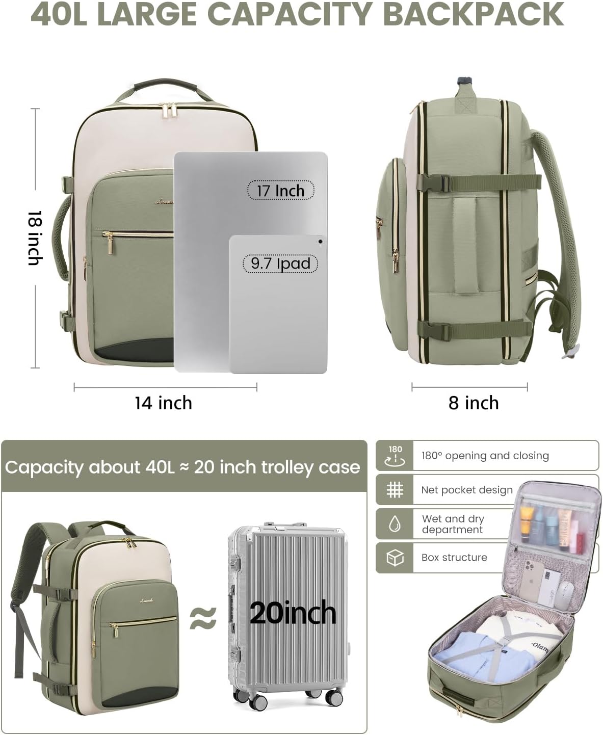 40L Travel Backpack for Women & Men, Large Carry on Backpack for Airplanes with 3 Packing Cubes, TSA Personal Item Travel Bag fits 17" Laptop, Waterproof Travel Essentials Airline Approved - Image 5