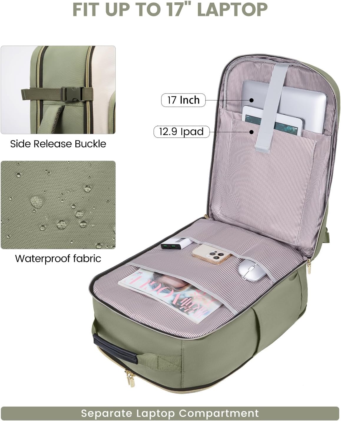 40L Travel Backpack for Women & Men, Large Carry on Backpack for Airplanes with 3 Packing Cubes, TSA Personal Item Travel Bag fits 17" Laptop, Waterproof Travel Essentials Airline Approved - Image 8